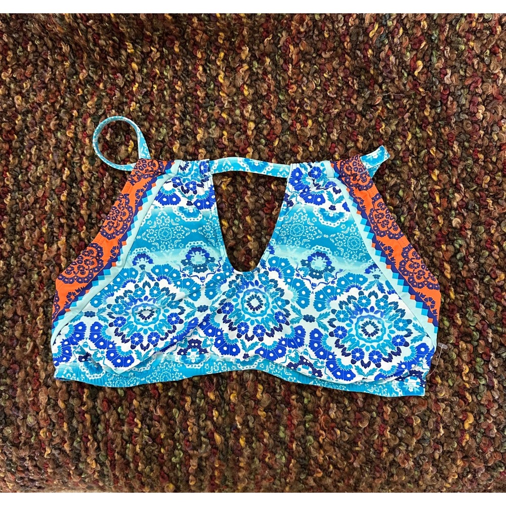 La Blanca Bikini Top Women 38D Blue Orange Good Boho High Neck Keyhole Swim